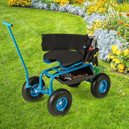 Carro de jardín rodante con asiento giratorio de altura ajustable y cesta de almacenamiento-Azul