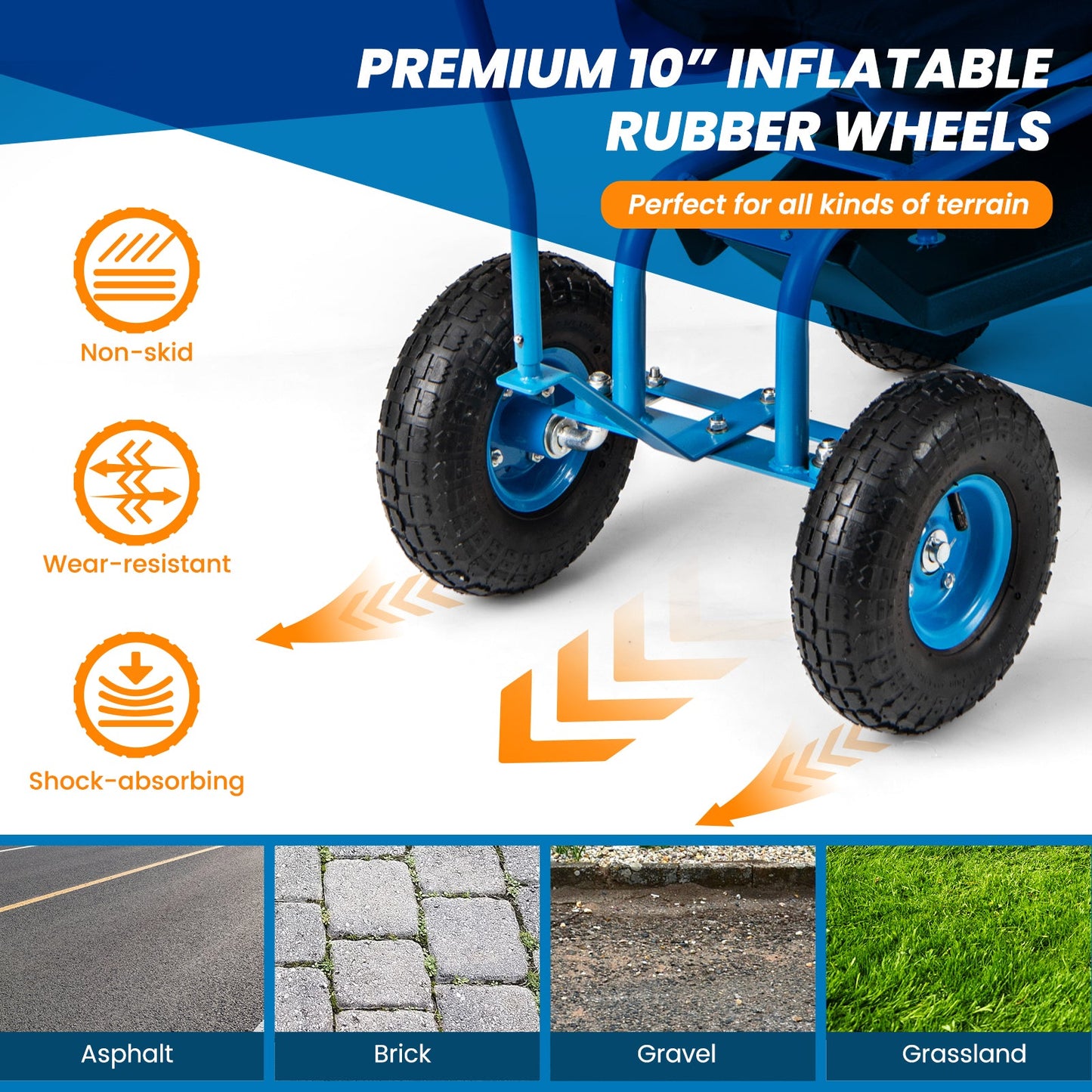 Carro de jardín rodante con asiento giratorio de altura ajustable y cesta de almacenamiento-Azul