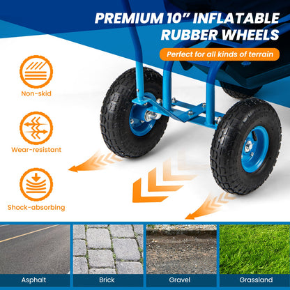 Carro de jardín rodante con asiento giratorio de altura ajustable y cesta de almacenamiento-Azul
