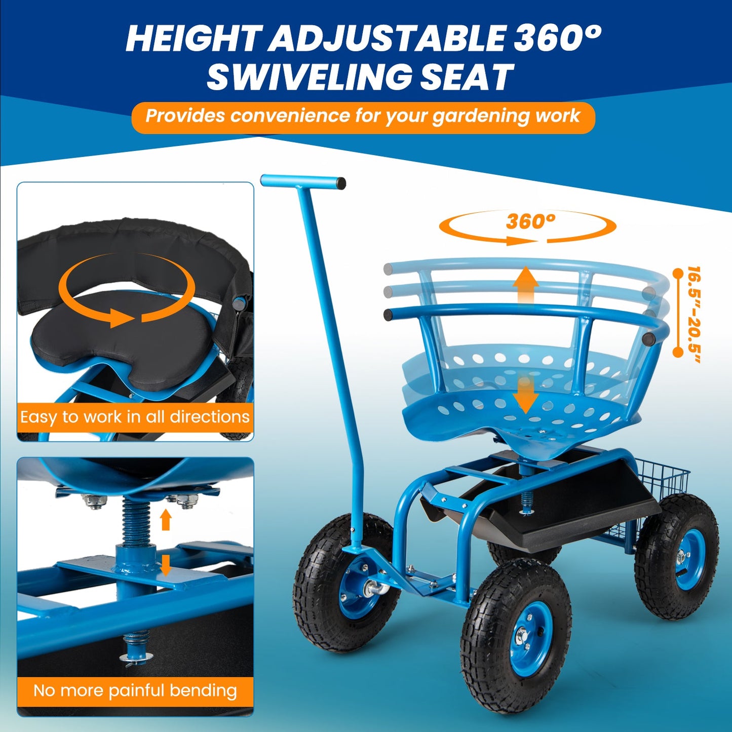 Carro de jardín rodante con asiento giratorio de altura ajustable y cesta de almacenamiento-Azul