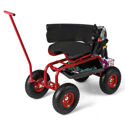 Carro de jardín rodante con asiento giratorio de altura ajustable y cesta de almacenamiento - Rojo