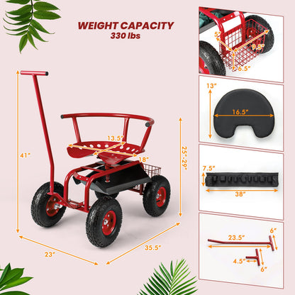 Carro de jardín rodante con asiento giratorio de altura ajustable y cesta de almacenamiento - Rojo