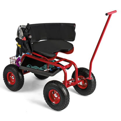 Carro de jardín rodante con asiento giratorio de altura ajustable y cesta de almacenamiento - Rojo