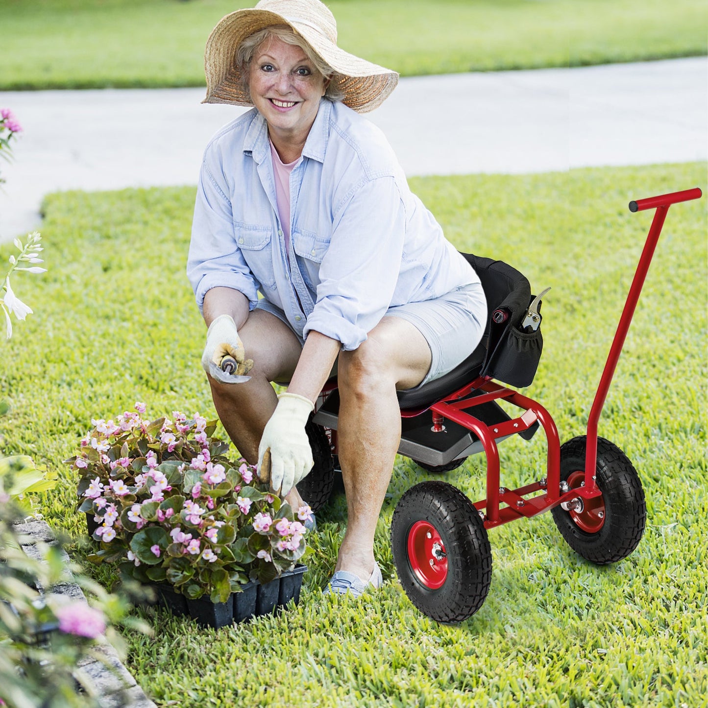 Carro de jardín rodante con asiento giratorio de altura ajustable y cesta de almacenamiento - Rojo