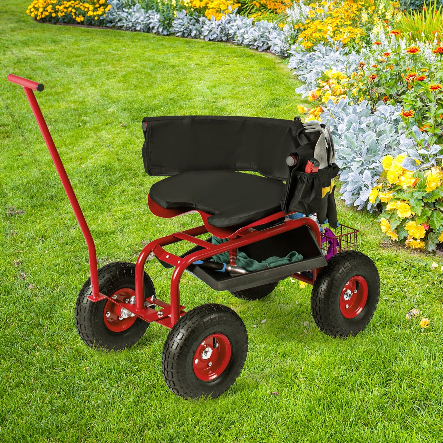 Carro de jardín rodante con asiento giratorio de altura ajustable y cesta de almacenamiento - Rojo