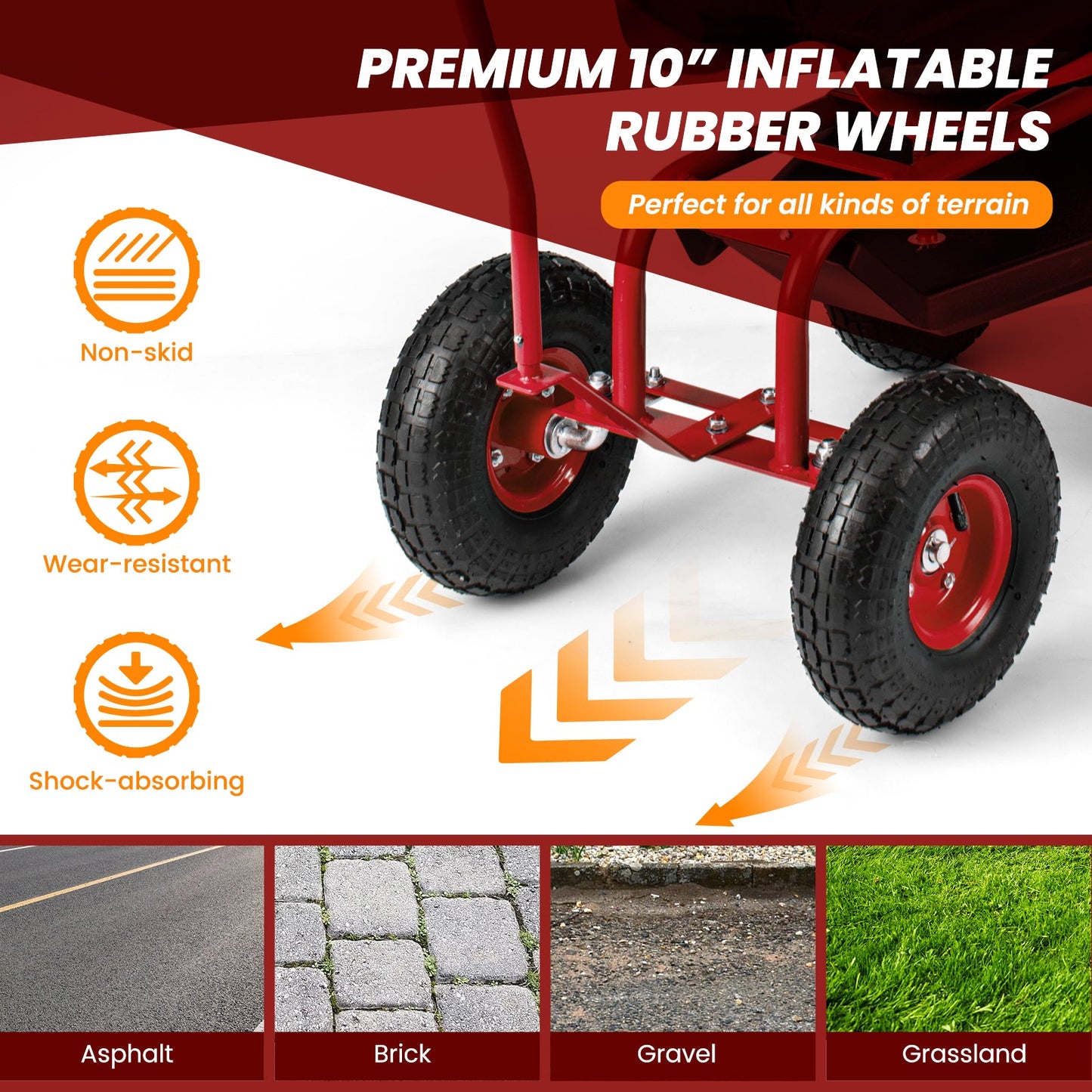 Carro de jardín rodante con asiento giratorio de altura ajustable y cesta de almacenamiento - Rojo
