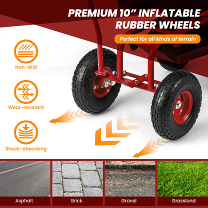 Carro de jardín rodante con asiento giratorio de altura ajustable y cesta de almacenamiento - Rojo