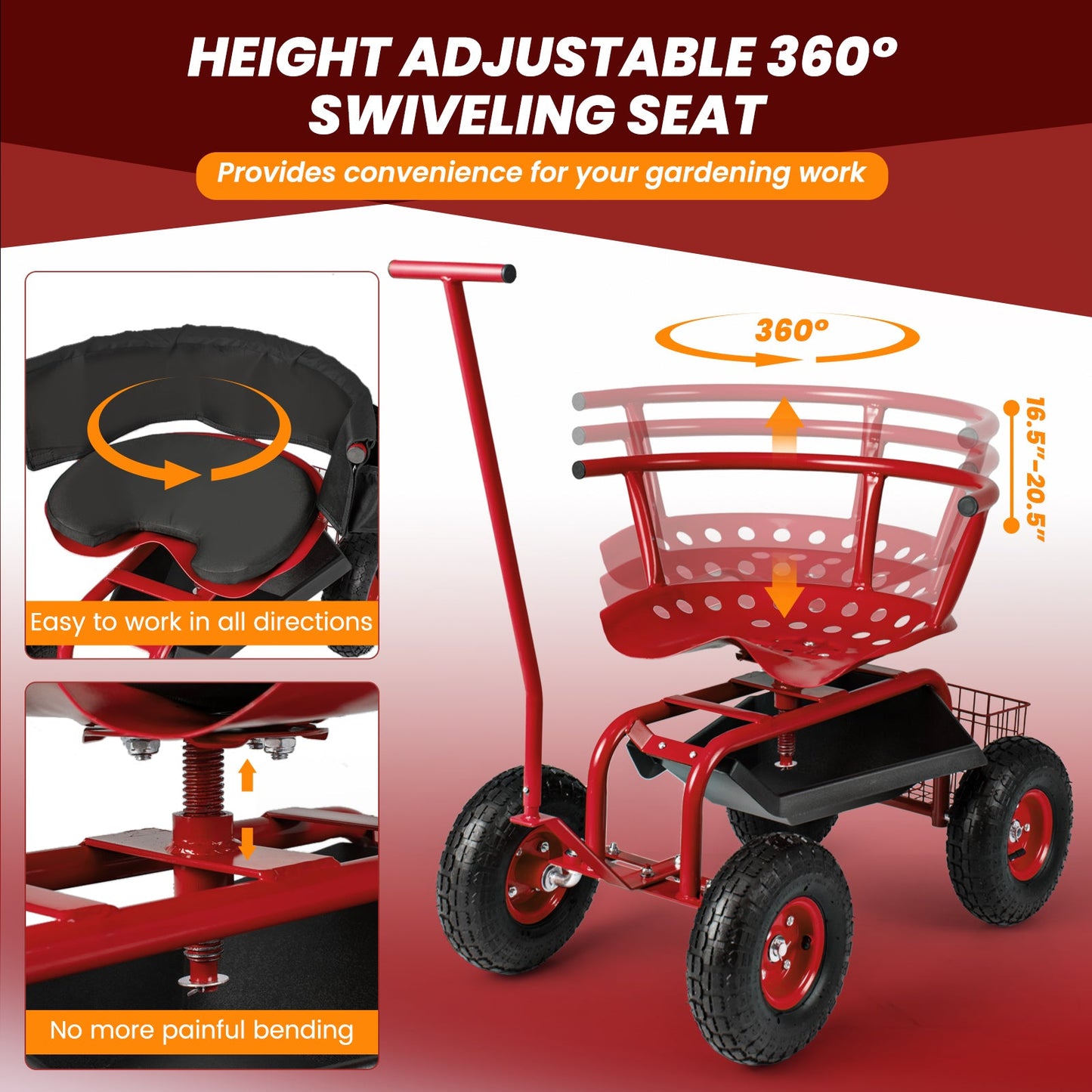 Carro de jardín rodante con asiento giratorio de altura ajustable y cesta de almacenamiento - Rojo