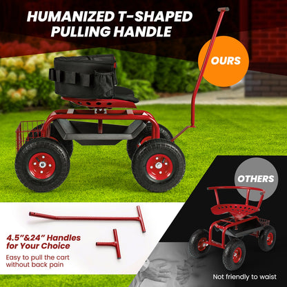 Carro de jardín rodante con asiento giratorio de altura ajustable y cesta de almacenamiento - Rojo