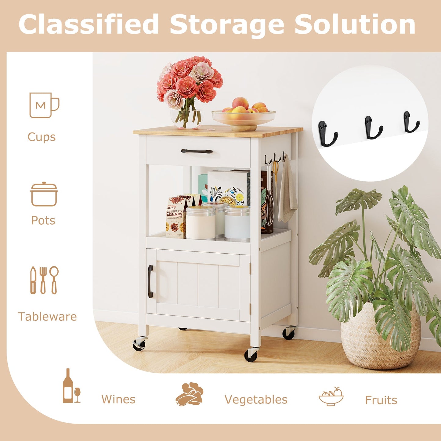 Rolling Kitchen Island Cart with Drawer and Side Hooks