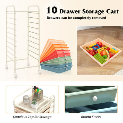 Carrito organizador de almacenamiento rodante de 10 cajones con 4 ruedas universales - Macarón multicolor
