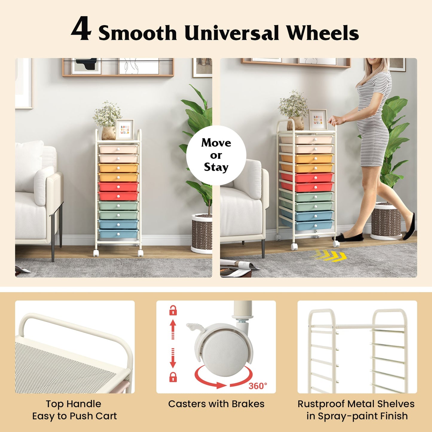 Carrito organizador de almacenamiento rodante de 10 cajones con 4 ruedas universales - Macarón multicolor