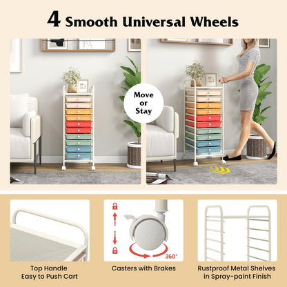 Carrito organizador de almacenamiento rodante de 10 cajones con 4 ruedas universales - Macarón multicolor
