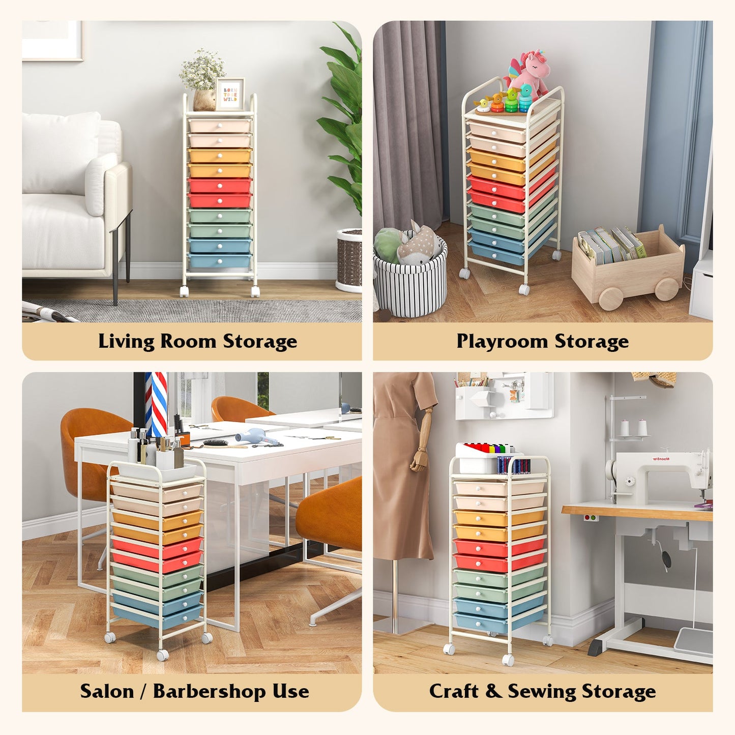 Carrito organizador de almacenamiento rodante de 10 cajones con 4 ruedas universales - Macarón multicolor