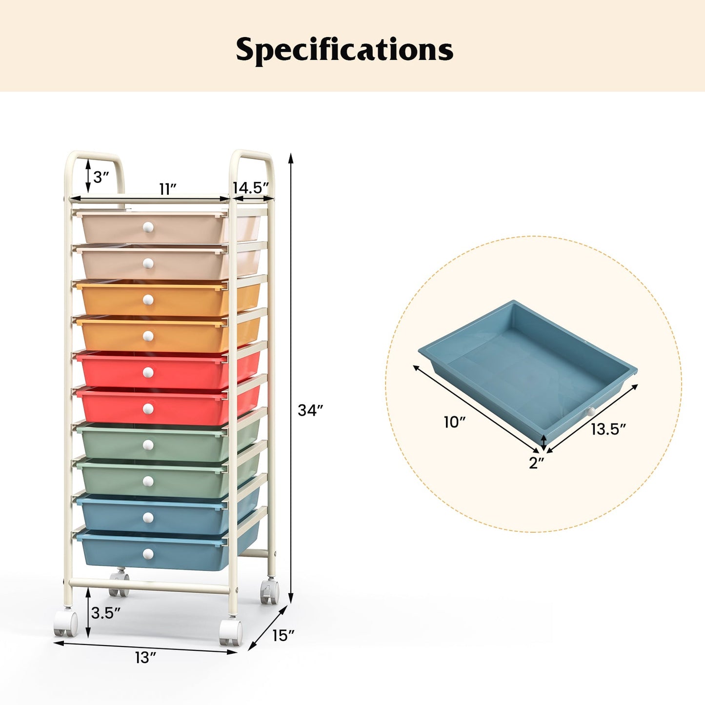Carrito organizador de almacenamiento rodante de 10 cajones con 4 ruedas universales - Macarón multicolor