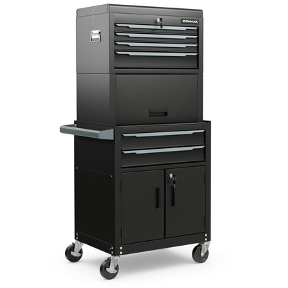 Gabinete de almacenamiento de cofre de herramientas rodante 3 en 1 de 6 cajones con ruedas universales y ganchos - Negro