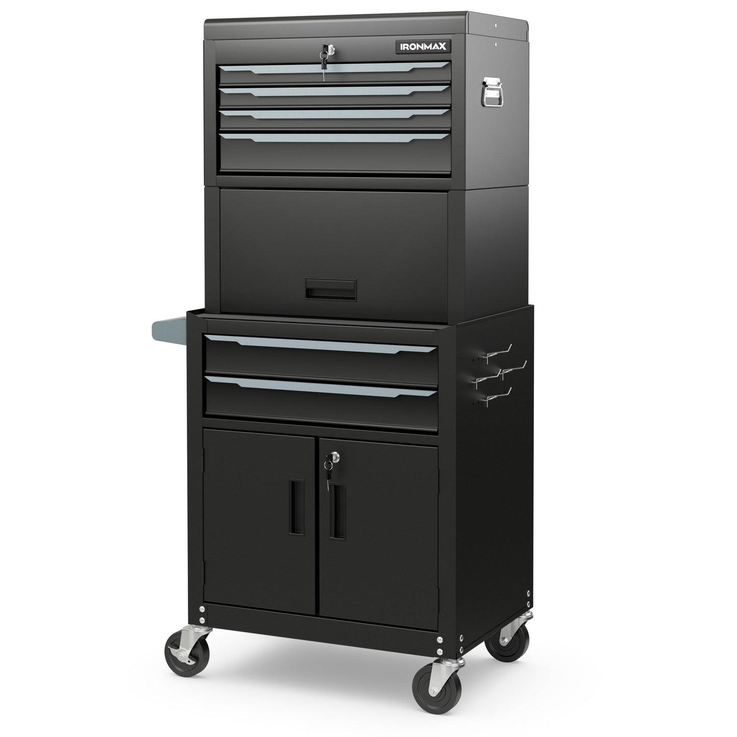 Gabinete de almacenamiento de cofre de herramientas rodante 3 en 1 de 6 cajones con ruedas universales y ganchos - Negro
