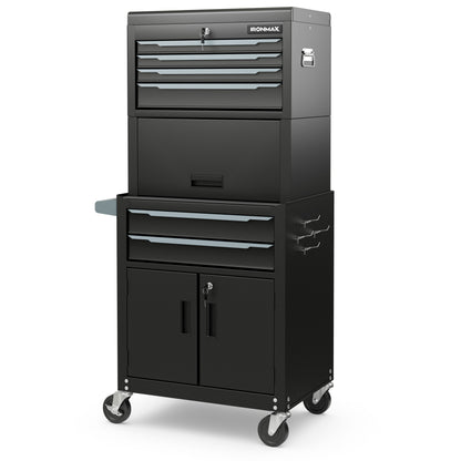 Gabinete de almacenamiento de cofre de herramientas rodante 3 en 1 de 6 cajones con ruedas universales y ganchos - Negro