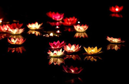 Floating lotus LED candles by Stevvex, flameless waterproof night lights with multi-color glow on Tampa Home & Garden Store