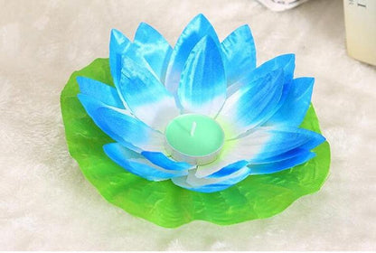 Stevvex romantic lotus LED flameless floating candle on green lotus leaf base on Tampa Home & Garden Store