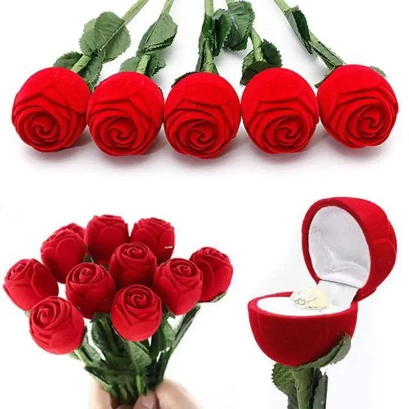 Romantic red rose jewelry gift set by Stevvex: five red roses bouquet, red velvet ring box on Tampa Home & Garden Store