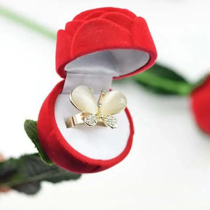 Stevvex Romantic Red Rose Heart Ring Box with gold flower ring white petals crystals on Tampa Home & Garden Store