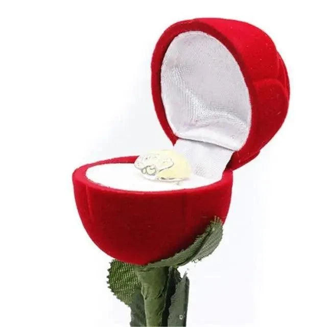 Romantic red velvet rose ring box open to reveal ring inside white interior Stevvex on Tampa Home & Garden Store