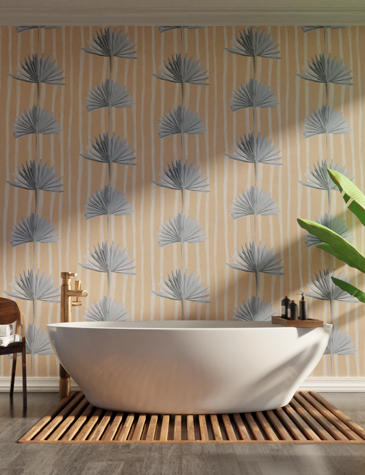 Stripey Palm Wallpaper, peach and blue - Tampa Home & Garden Store