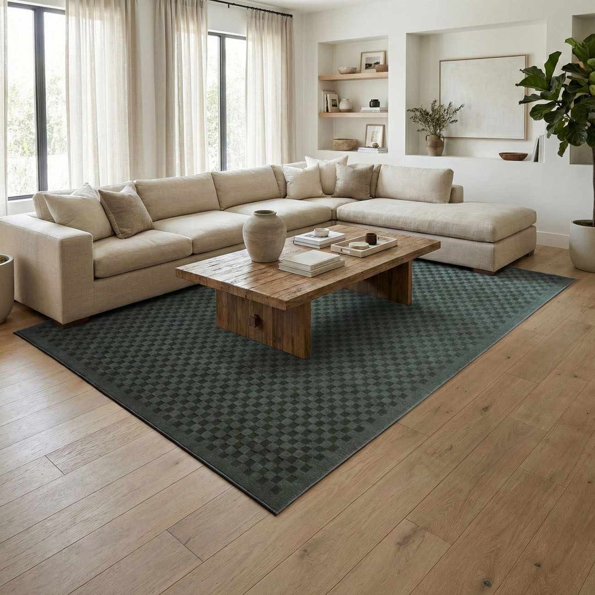 Gaiwan oil green washable area rug with subtle checker pattern in a light living room on Tampa Home & Garden Store