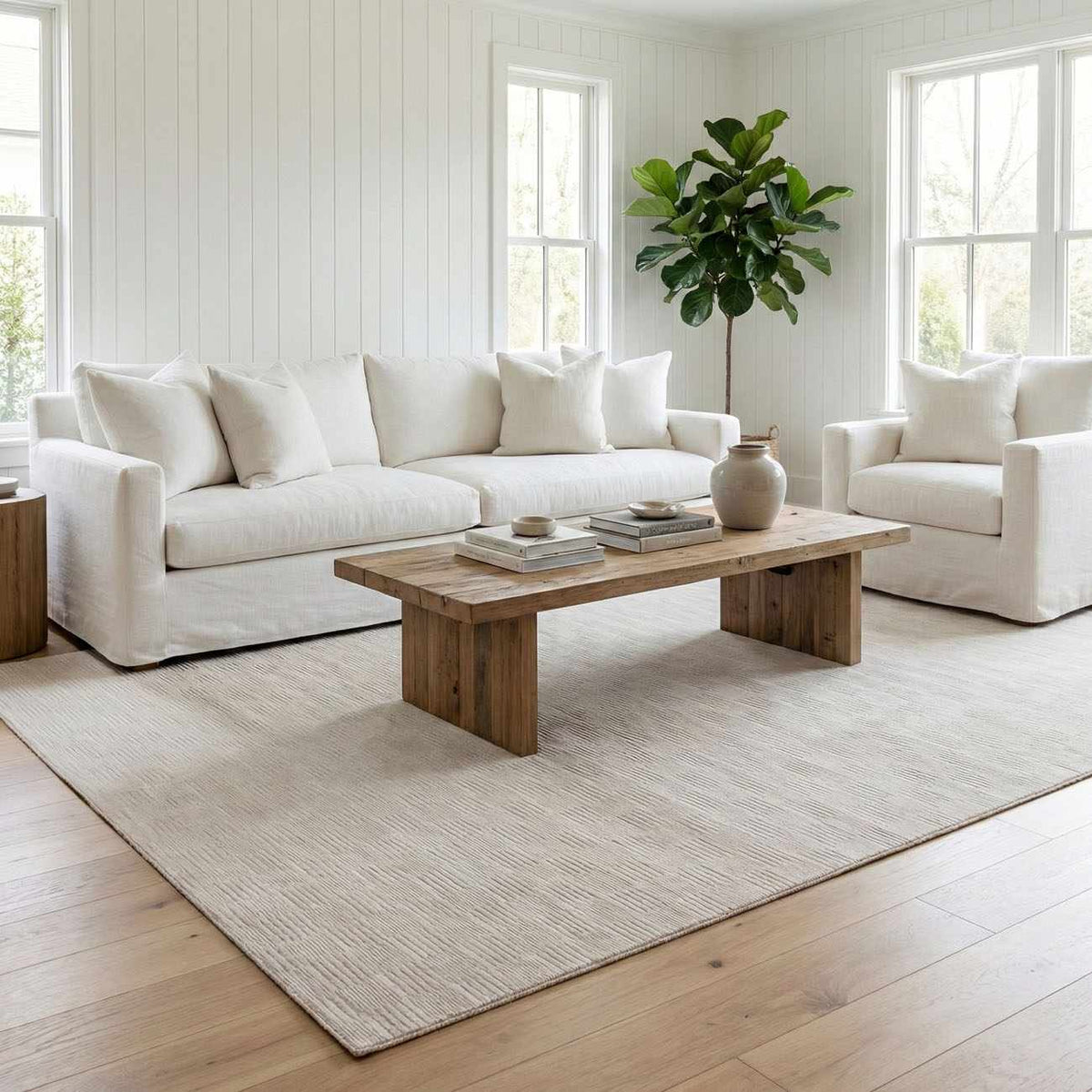 Kazuma Cream Checkered Washable Area Rug in room with sofas on Tampa Home & Garden Store