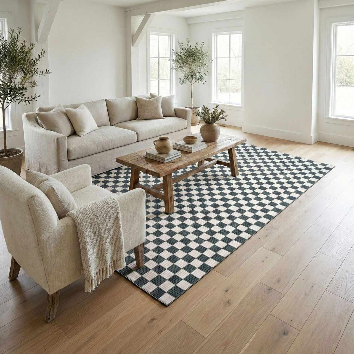 Kaysar Oil Green Checkered Washable Area Rug black and white checker in a living room on Tampa Home & Garden Store