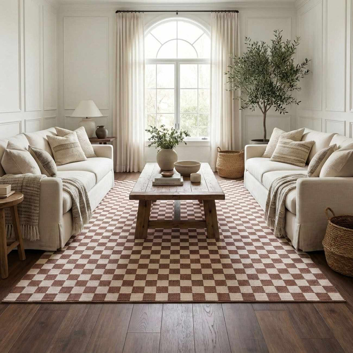 Kaysar Brown Checkered Washable Area Rug in a living room with beige sofas Boutique Rugs on Tampa Home & Garden Store
