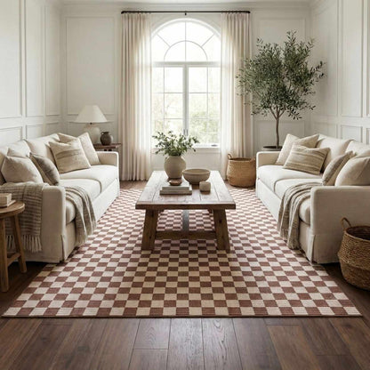 Kaysar Brown Checkered Washable Area Rug in a living room with beige sofas Boutique Rugs on Tampa Home & Garden Store