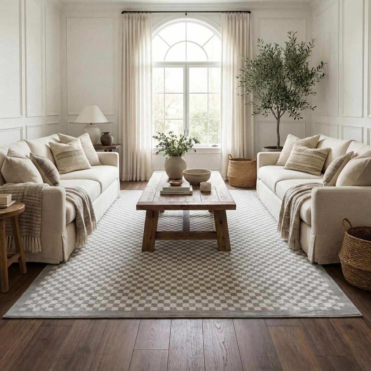 Gaiwan Cream Gray Washable Area Rug by Boutique Rugs with cream-gray checkerboard pattern in a bright living room on Tampa Home & Garden Store