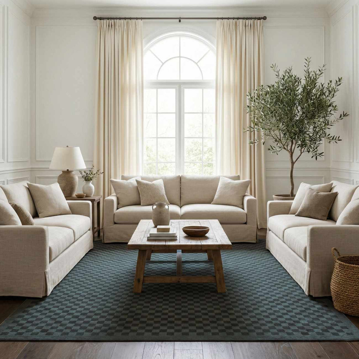 Gaiwan Oil Green Washable Area Rug; green checkered rug under beige seating on Tampa Home & Garden Store