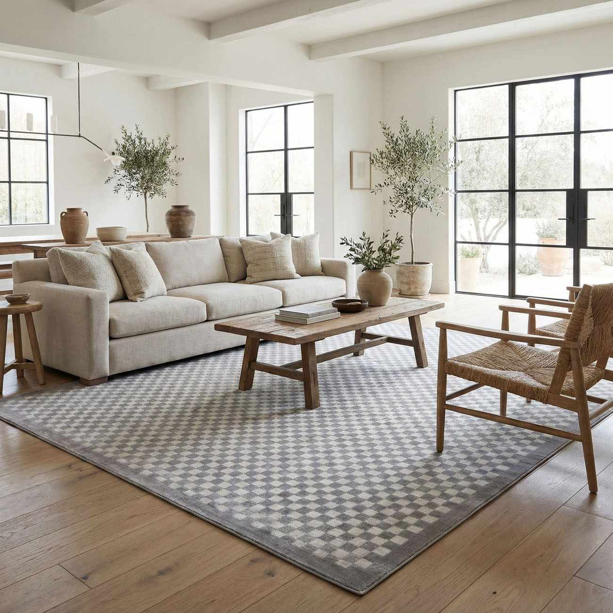 Gaiwan cream gray washable area rug with a diamond pattern in a bright living room on Tampa Home & Garden Store
