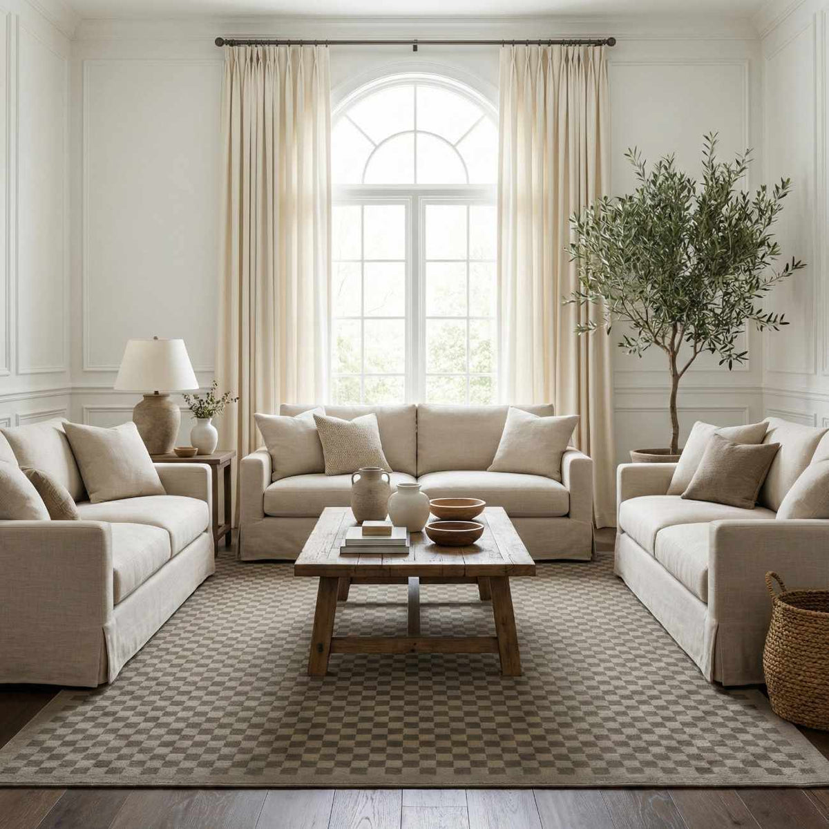 Gaiwan Olive Green Washable Area Rug with neutral checkerboard pattern in a living room on Tampa Home & Garden Store