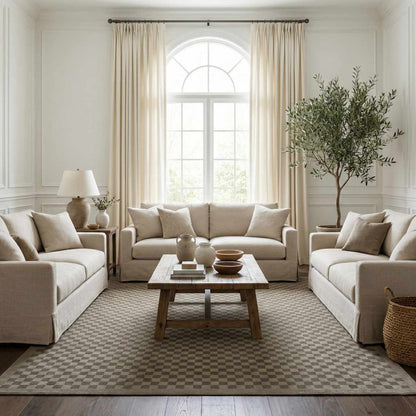 Gaiwan Olive Green Washable Area Rug with neutral checkerboard pattern in a living room on Tampa Home & Garden Store