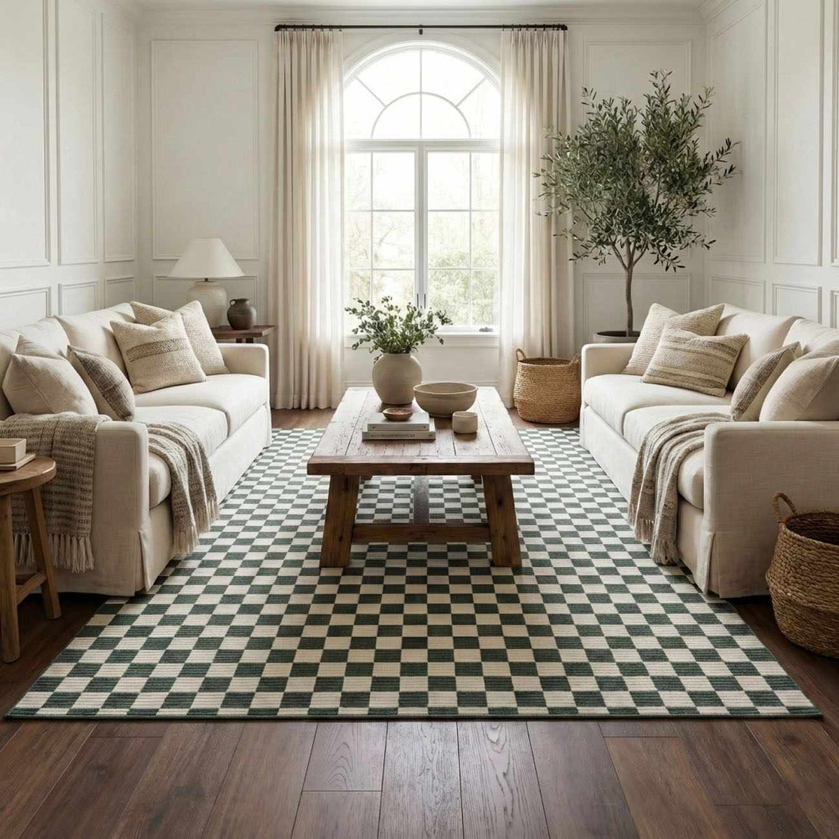 Kaysar Oil Green Checkered Washable Area Rug in a neutral living room on Tampa Home & Garden Store