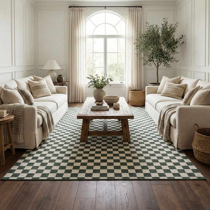 Kaysar Oil Green Checkered Washable Area Rug in a neutral living room on Tampa Home & Garden Store