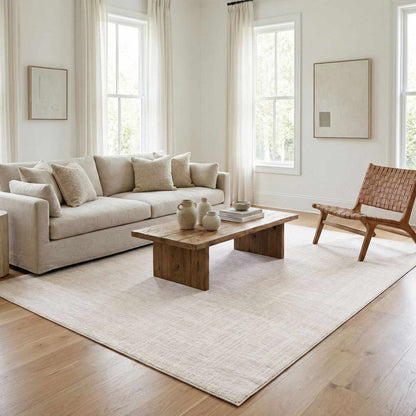 Leanna Cream Washable Area Rug, Boutique Rugs neutral beige living room scene on Tampa Home & Garden Store