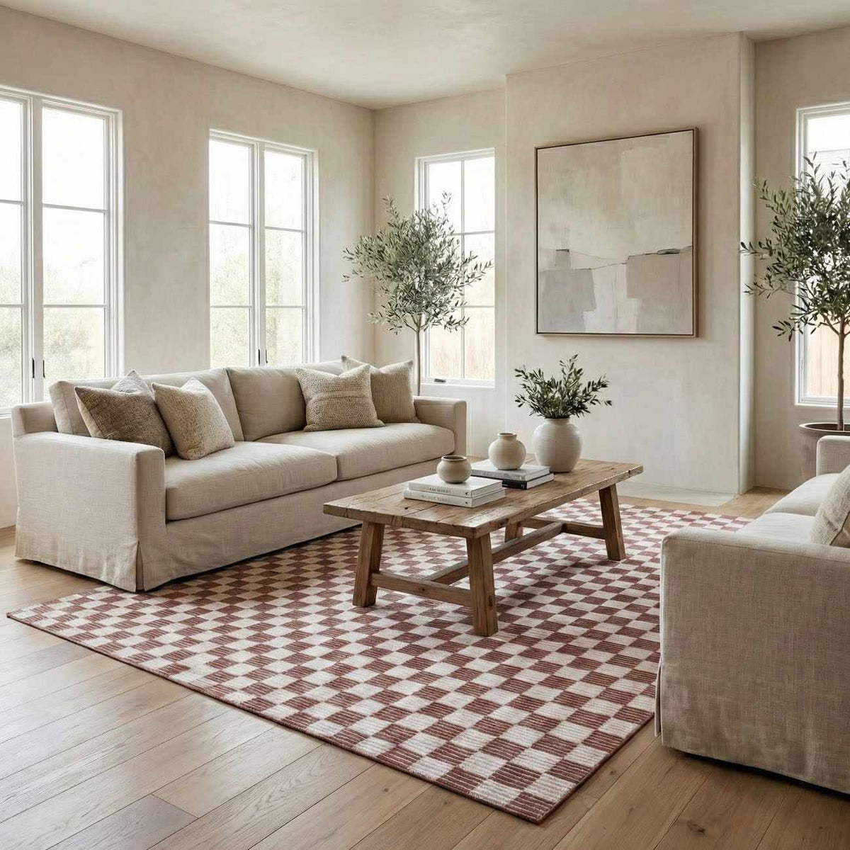 Kaysar Brown Checkered Washable Area Rug in a neutral living room with beige sofas on Tampa Home & Garden Store