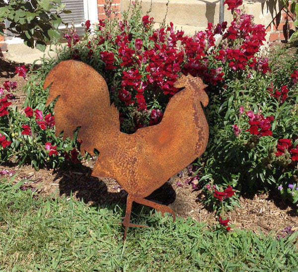 Metal rooster yard art sculpture in rusted finish by Rustica Ornamentals on Tampa Home & Garden Store