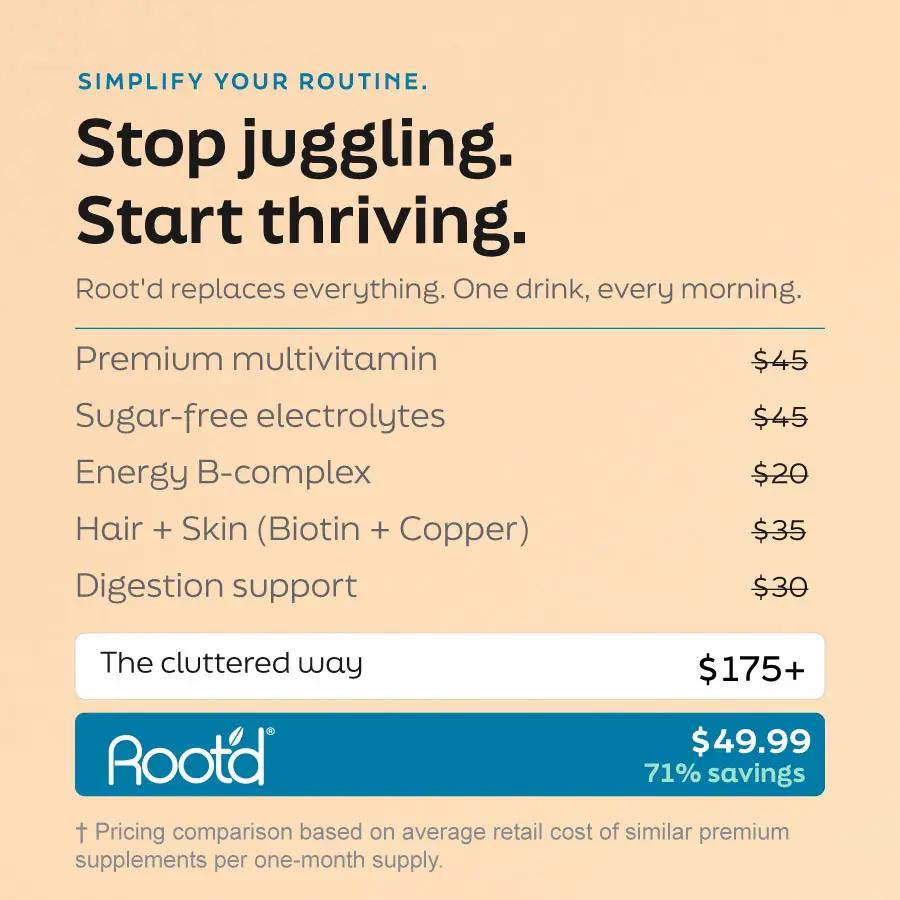 Multivitamin: Advanced Daily Nutrition for Her by Root'd on peach ad with price banners and Root'd logo on Tampa Home & Garden Store