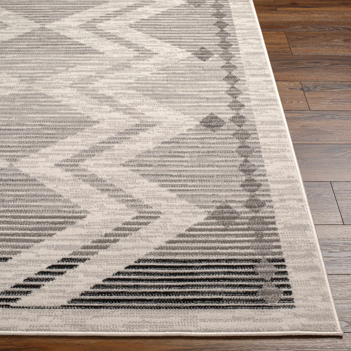 Rory Area Rug by Boutique Rugs, gray distressed abstract pattern with border on wood floor on Tampa Home & Garden Store