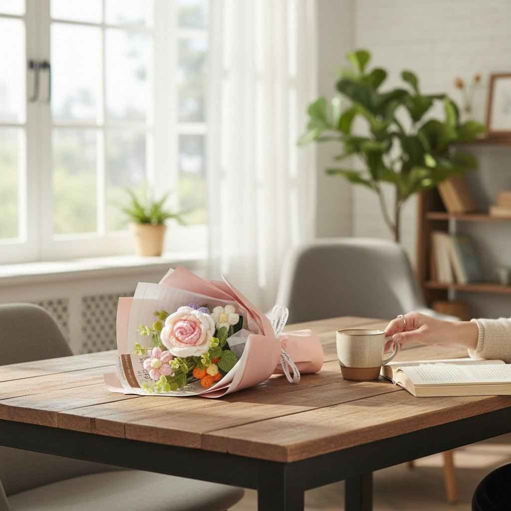 Rose Crochet Bouquet pink crochet roses by Shaketea, artificial flowering plants on Tampa Home & Garden Store