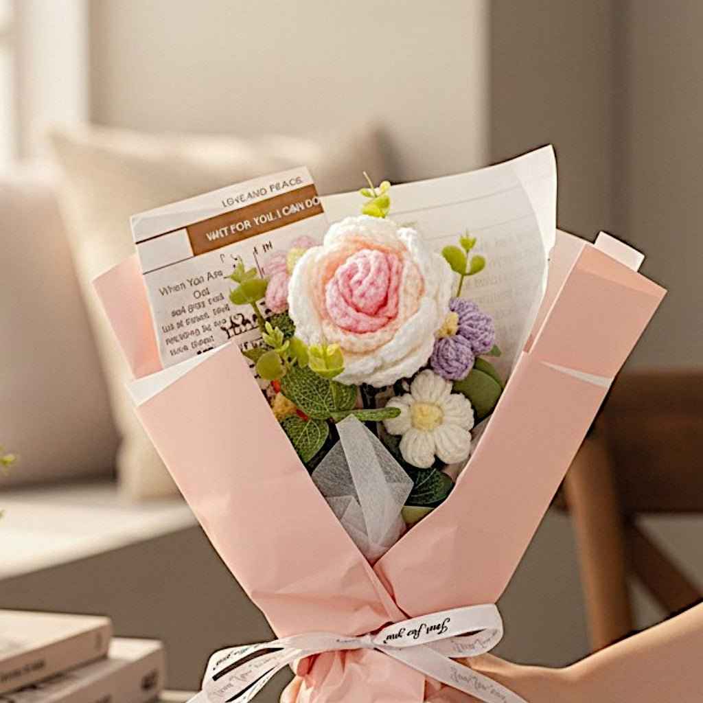 Rose Crochet Bouquet with pink crocheted rose and pastel artificial blooms in pink wrap on Tampa Home & Garden Store