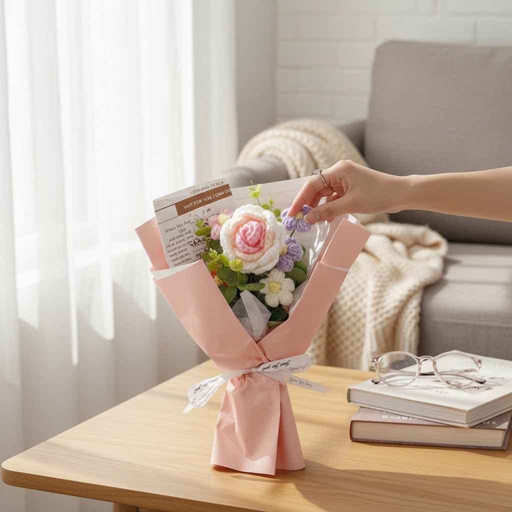 Rose crochet bouquet of pastel artificial flowers wrapped in pink paper on a wooden table on Tampa Home & Garden Store