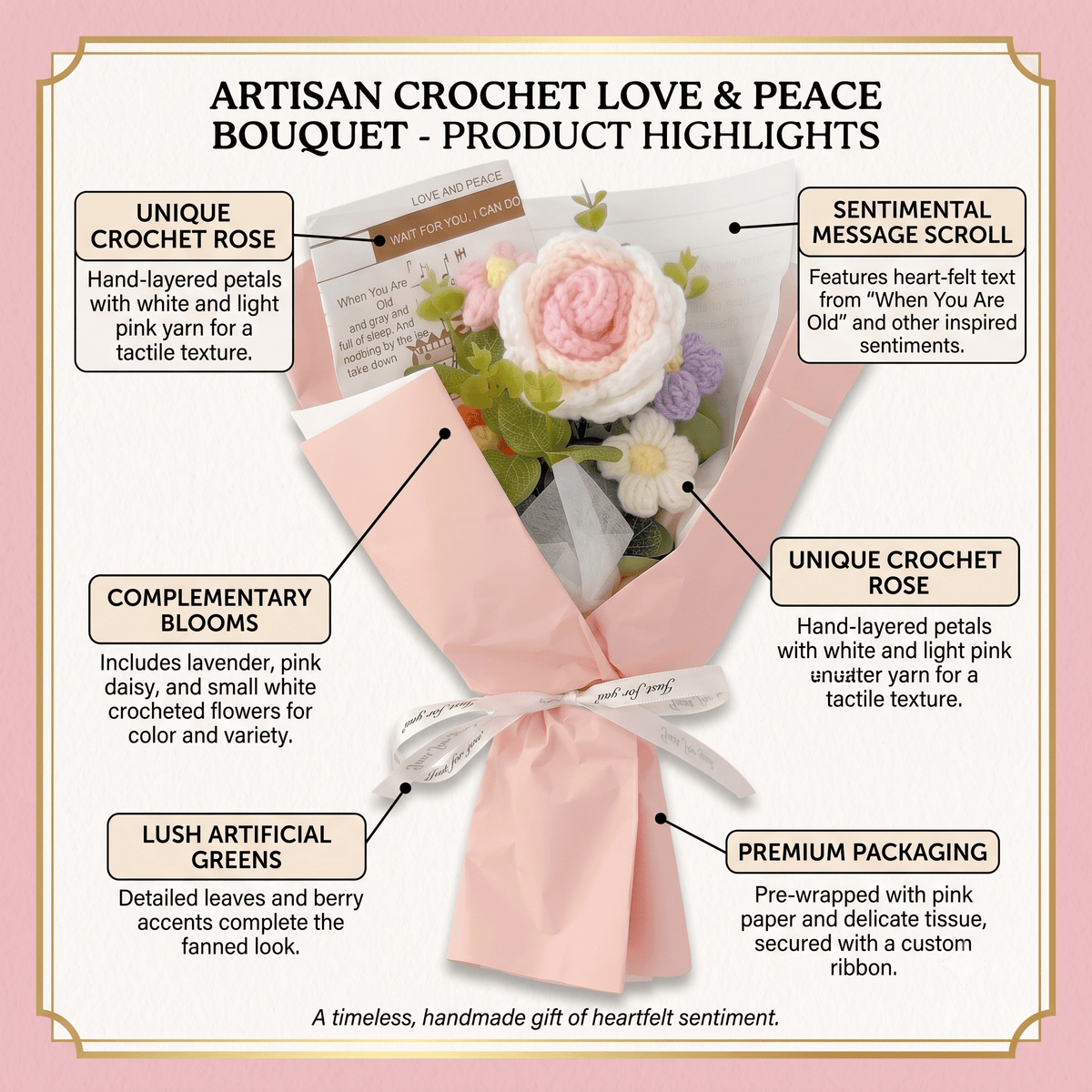 Crochet rose bouquet by Shaketea with pastel pink and white roses and lavender accents on Tampa Home & Garden Store