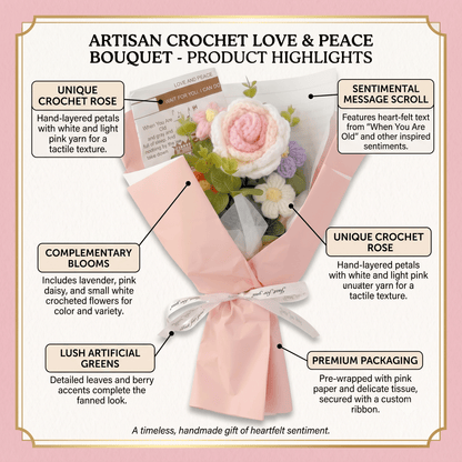 Crochet rose bouquet by Shaketea with pastel pink and white roses and lavender accents on Tampa Home & Garden Store